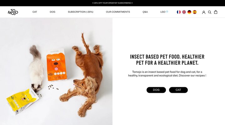 Tomojo, the pet food for dogs and cats with insects.