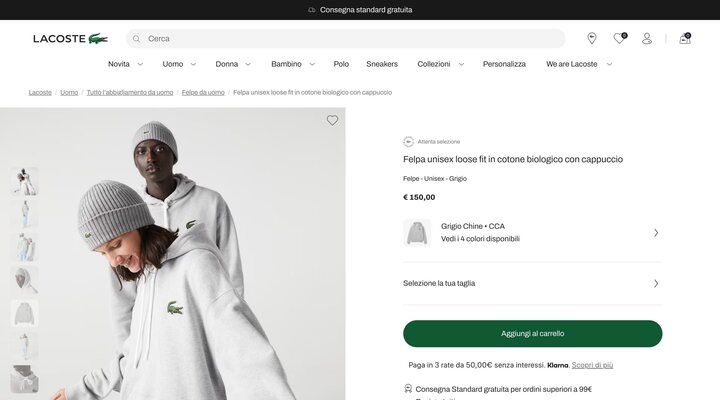 Felpa unisex loose fit in cotone biologico con cappuccio - Felpe da uomo - Novita 2023 | Lacoste