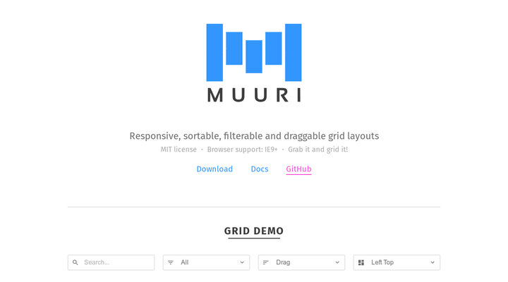 Muuri - Responsive, sortable, filterable and draggable grid layouts